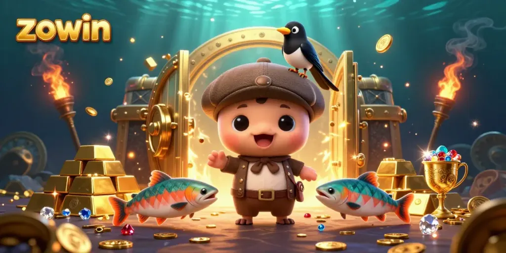 Play Zowin's games amidst treasures and vibrant animations featuring cartoon Nessie and friends.