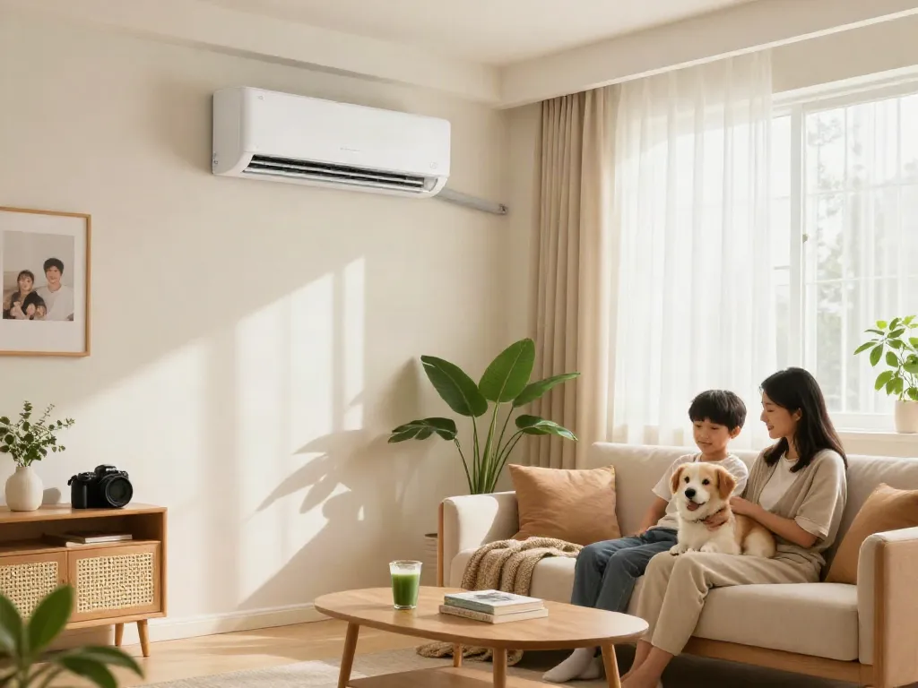 Mini split air conditioner in a cozy home setting with family and dog.