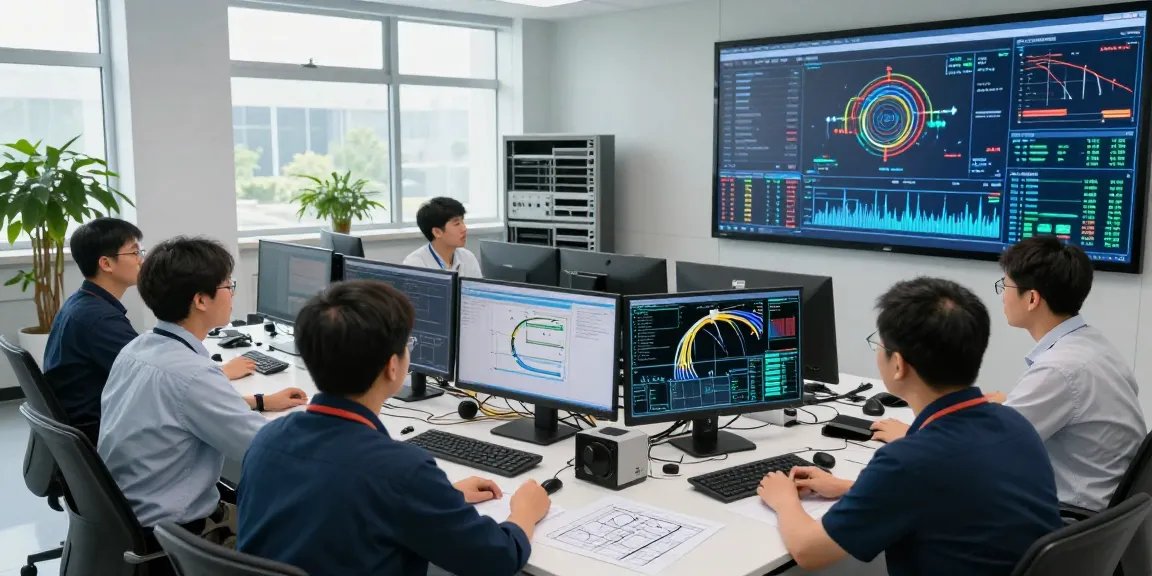 Technicians collaborating in a network control room with fiber optic cable diagnostics on screens, ensuring optimal performance.