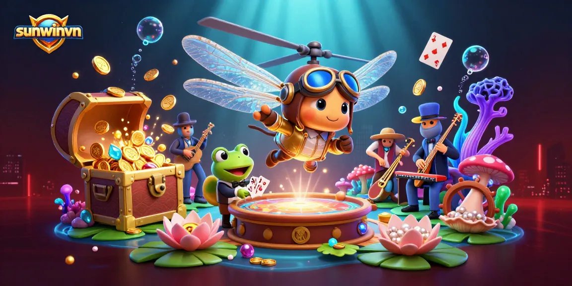 Experience excitement at sunwinvn with vibrant casino illustrations featuring whimsical characters and lively activities.