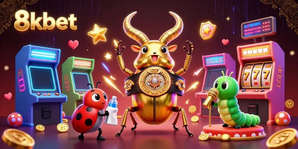 Experience the vibrant gaming world with 8xbet's colorful illustration featuring unique characters and casino elements.