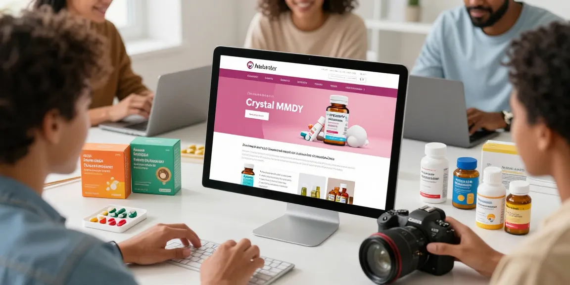 Shopping for crystal MDMA online with multiple health products displayed on digital devices in a vibrant e-commerce setting.