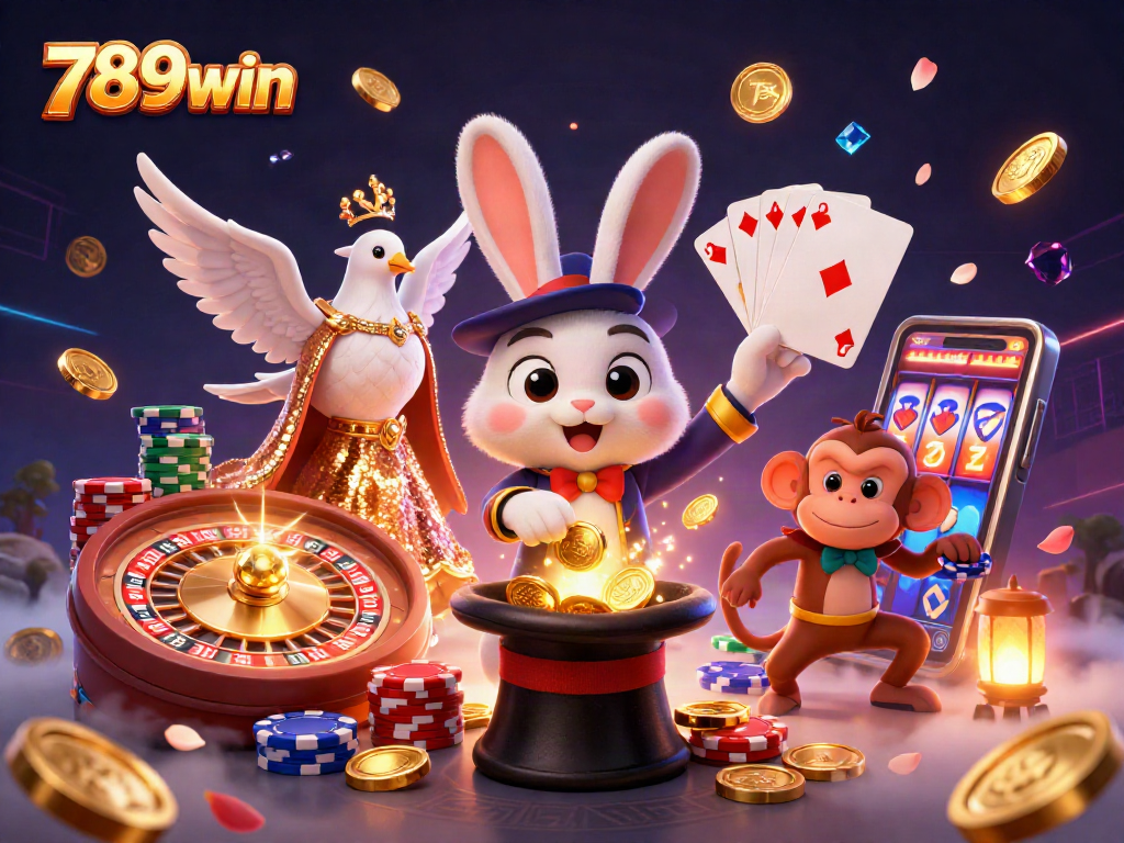 Experience excitement with 789win as a magician rabbit conjures winning poker chips in a vibrant casino scene.
