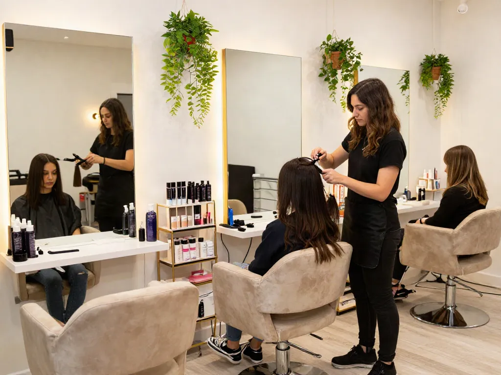 No damage hair extensions being applied in a modern beauty salon.