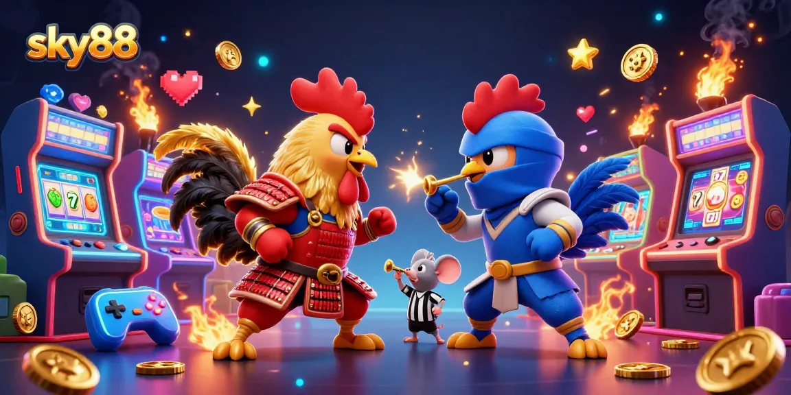 Engage in thrilling action with sky88's vibrant 3D fighting roosters and casino game elements.
