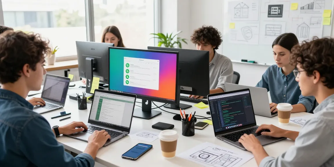 WhatsApp下載 in a tech workspace with developers collaborating on app interfaces.