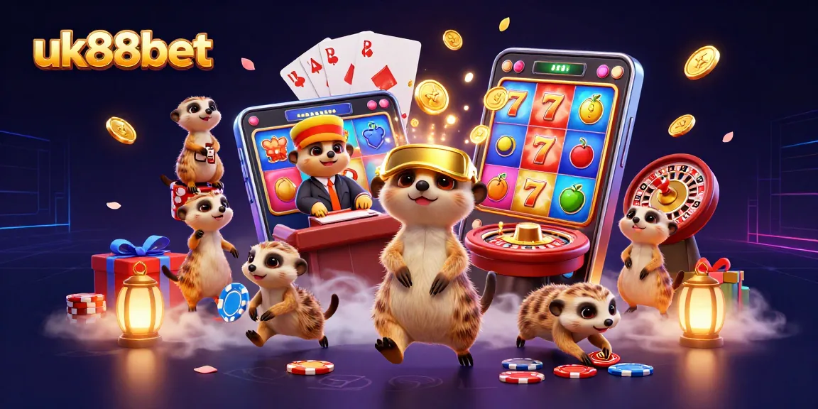 Experience thrilling online gameplay with uk88bet's captivating casino meerkat scene featuring colorful slot games and action.