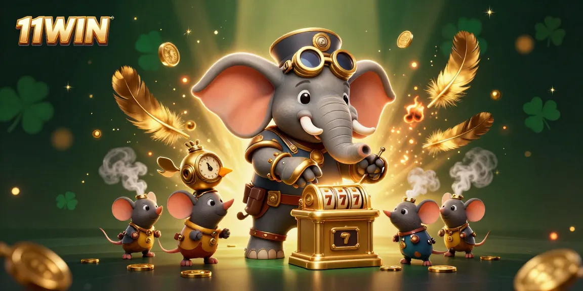 Spin to win at 11WIN with a steampunk elephant and golden slot machine in a vibrant casino scene.