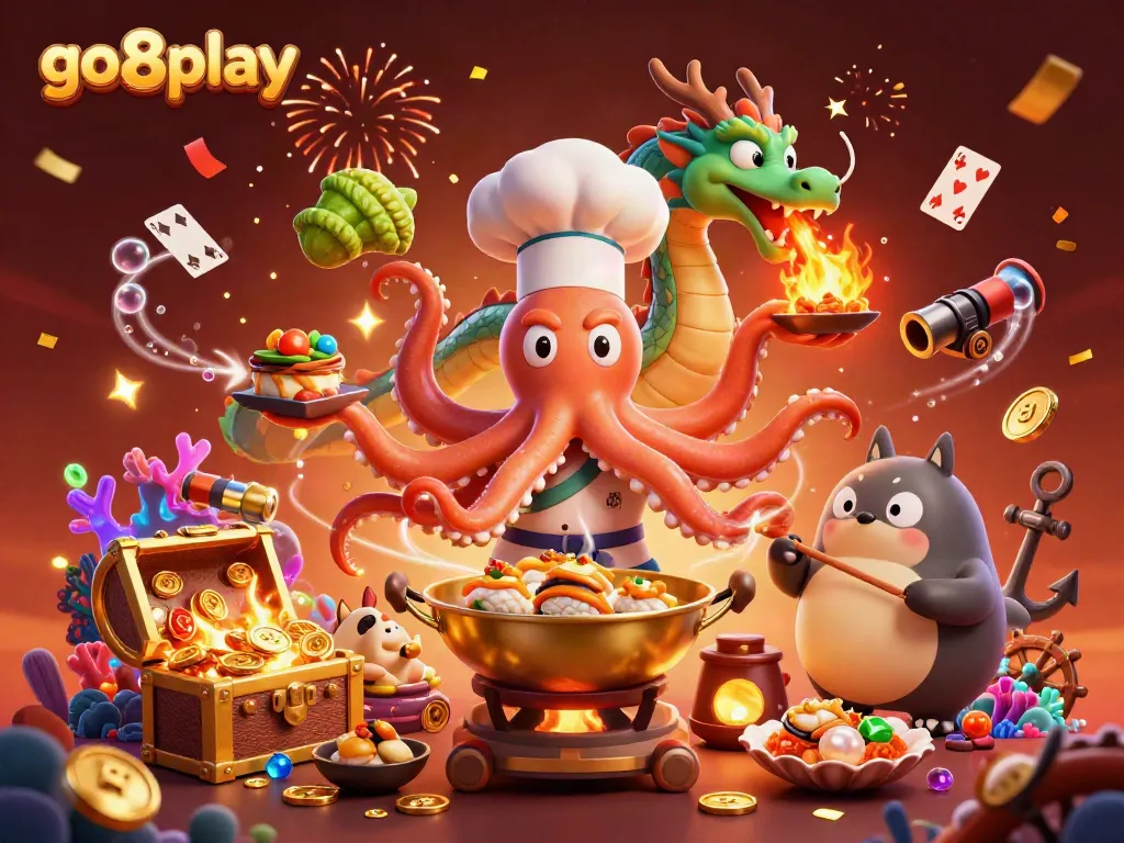Experience excitement with go8play in this vibrant 3D casino scene featuring unique characters and rich gaming elements.