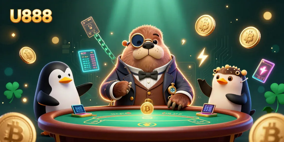 Join the action in U888's vibrant poker scene showcasing a jolly walrus and dealer characters.