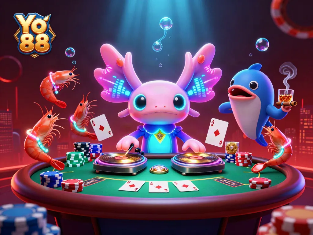 Experience the vibrant Yo 88 casino scene with glowing neon characters and poker action.