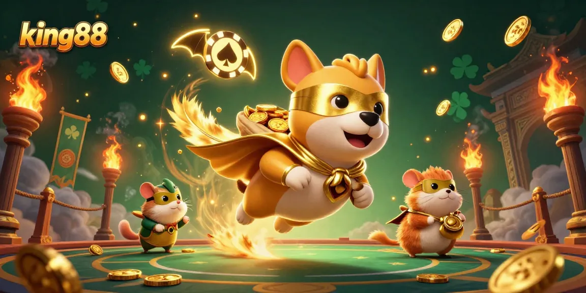 Experience thrilling gaming action with king88 as a superhero dog and sidekick soar through a vibrant casino world.