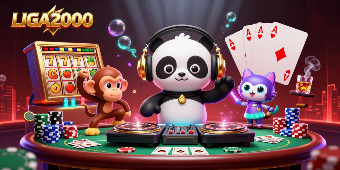 LIGA2000 menampilkan keseruan kasino yang dinamis dengan panda DJ, monyet menari, dan kucing pesta dalam adegan slot yang hidup.