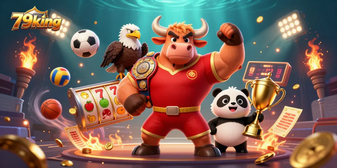 Experience excitement with 79king as a bull mascot wins, featuring vibrant 3D casino illustration.