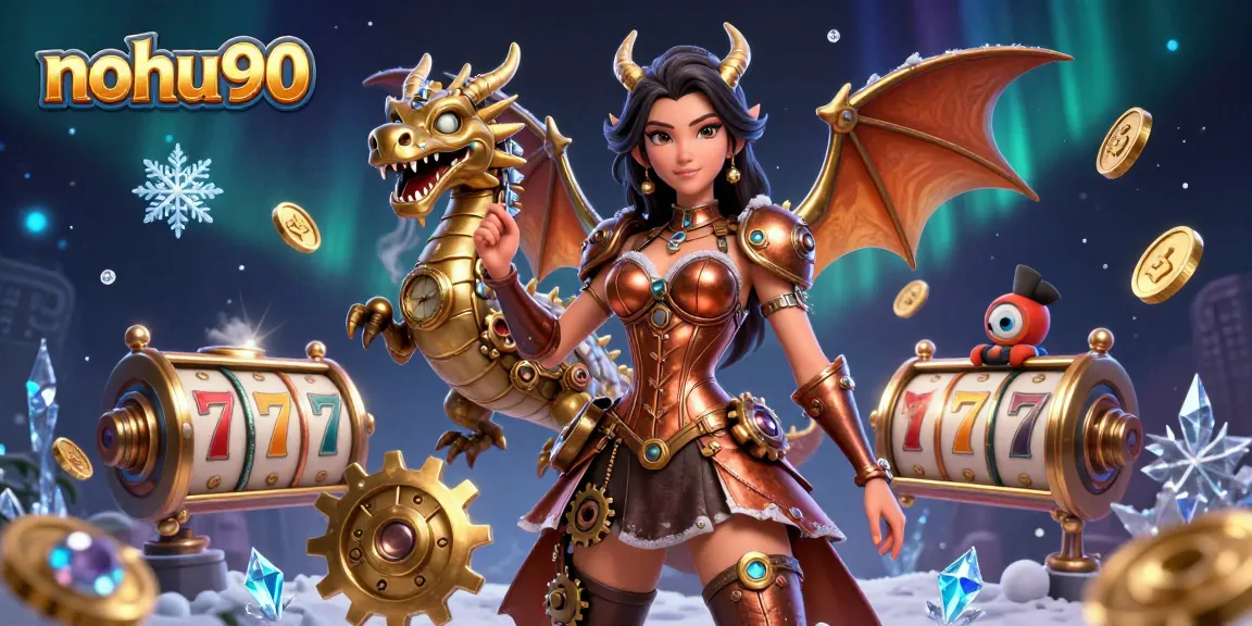 Experience thrilling gaming action at nohu90 with vibrant slot reels and a steampunk dragon backdrop.