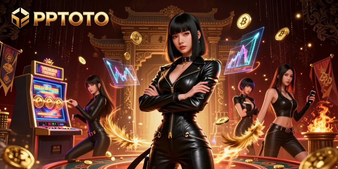 PPTOTO menampilkan seorang wanita Asia yang kuat dalam pakaian kulit dengan Bitcoin, gulungan slot, dan elemen kasino yang kaya.