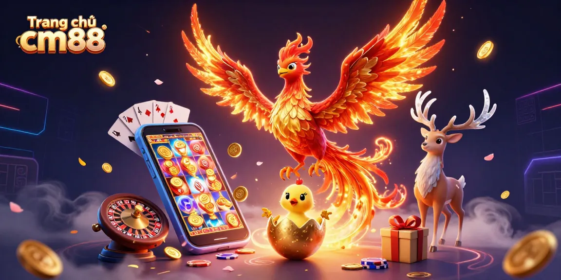 Engage with Trang chủ cm88 through this vibrant casino illustration showcasing a phoenix in flight and dynamic game elements.