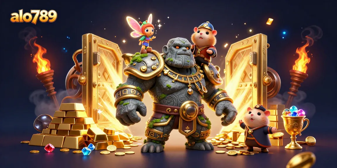 Enjoy exciting adventures at alo789, where a magical golem guardian meets a brave hamster knight in a casino scene.