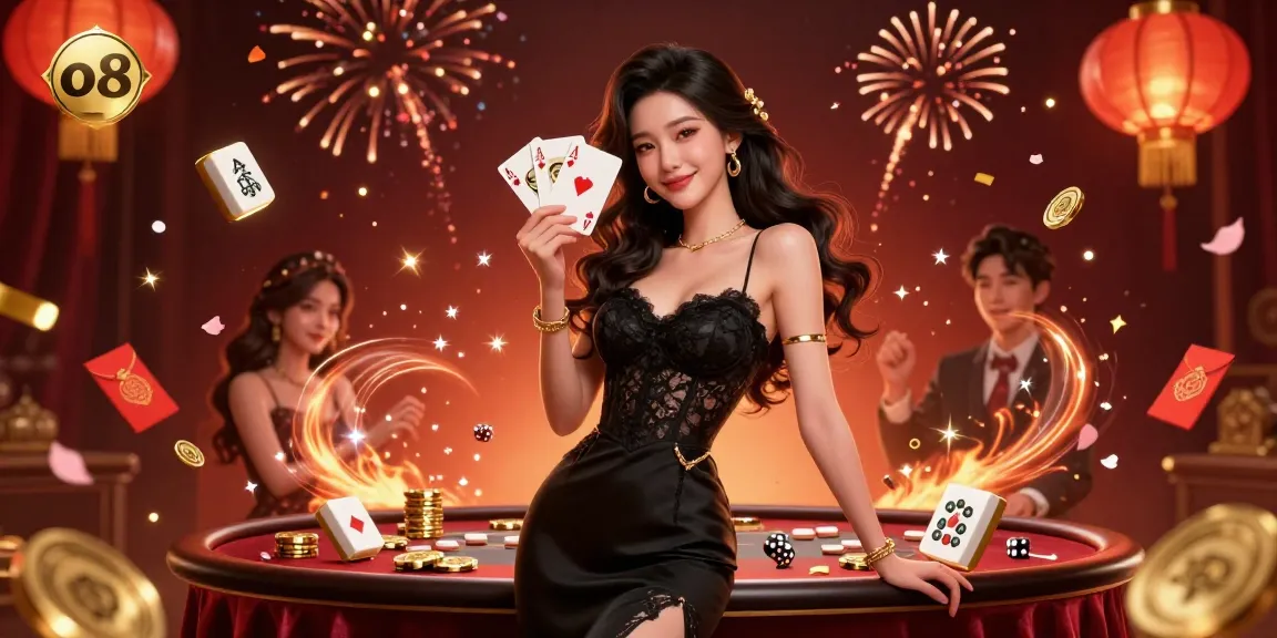 Engage in thrilling gameplay at o8, showcasing a stunning Asian woman holding ace cards amidst dynamic casino elements.