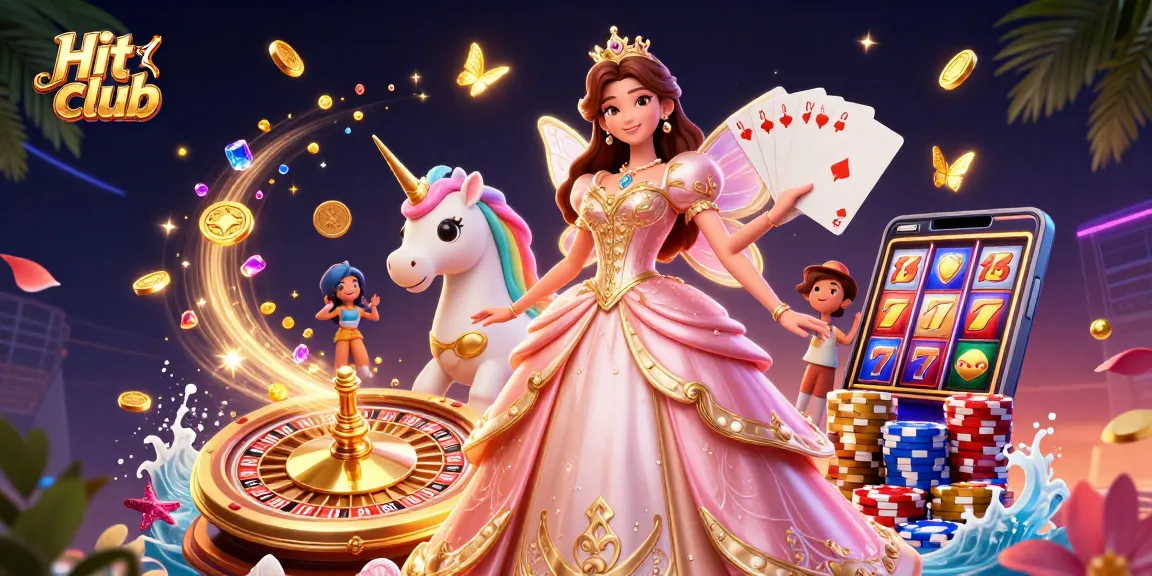 Hit club showcases winning strategies in an ultra-detailed fantasy casino scene filled with vibrant elements.