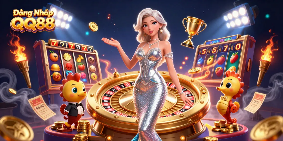 Engage in Đăng Nhập QQ88 with a vibrant scene of a woman by a roulette wheel, filled with casino games.