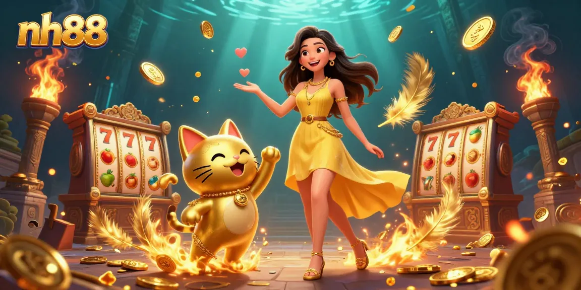 Experience thrilling moments at nh88 with a cheerful Asian lady and a lucky cat amid dynamic slot elements and gold coins.