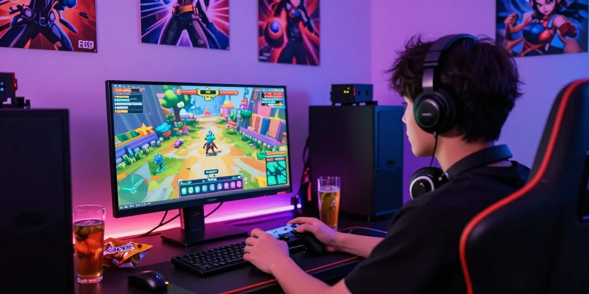 Engaged gamer playing hentaigames on a modern setup, illuminated by colorful LED lights.