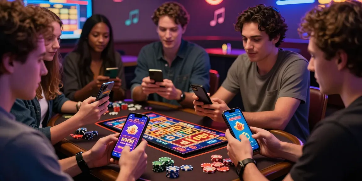 Players enjoying KO66 casino app on smartphones, engaging in a vibrant online gaming scene.