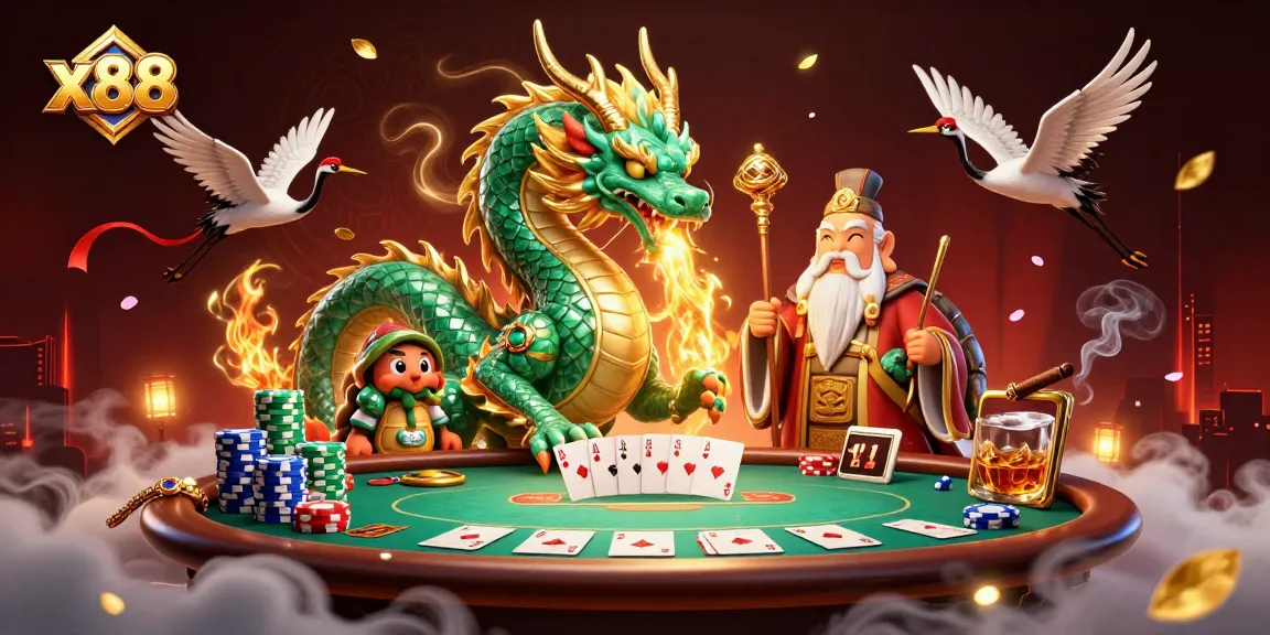 x88 engages players with immersive visuals, showcasing a jade dragon, turtle sage, and dynamic poker elements