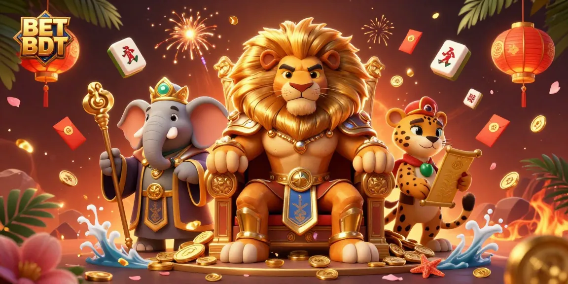 Bet BDT showcases vibrant casino elements with a lion king, wise elephant, and quick cheetah in a dynamic scene.