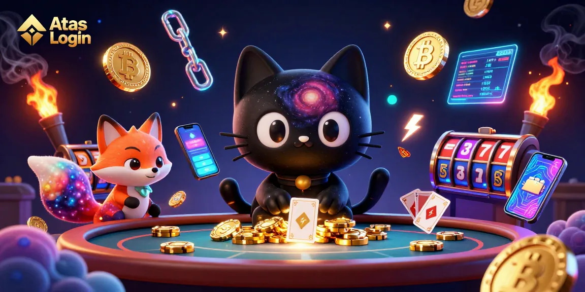 Engage with the Atas Login portal in a vibrant cosmic casino scene, featuring a black hole cat.