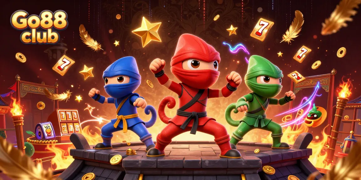 Action-packed casino scene with Go88 club characters showcasing thrilling gaming advantages.