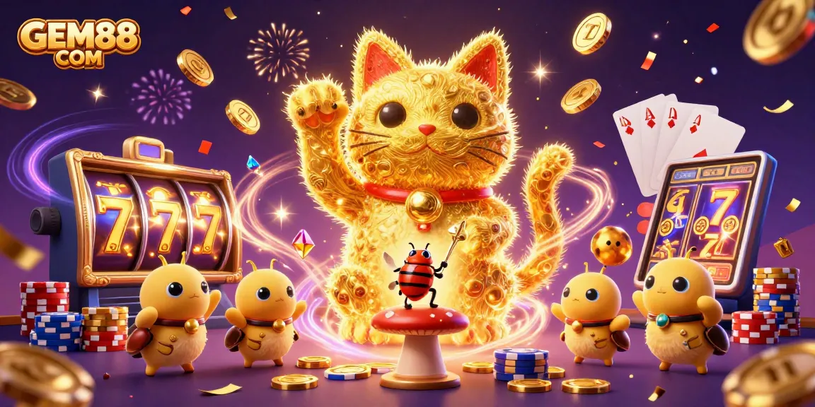 Experience the excitement with GEM88 COM featuring a lucky cat made of fireflies, surrounded by casino symbols.
