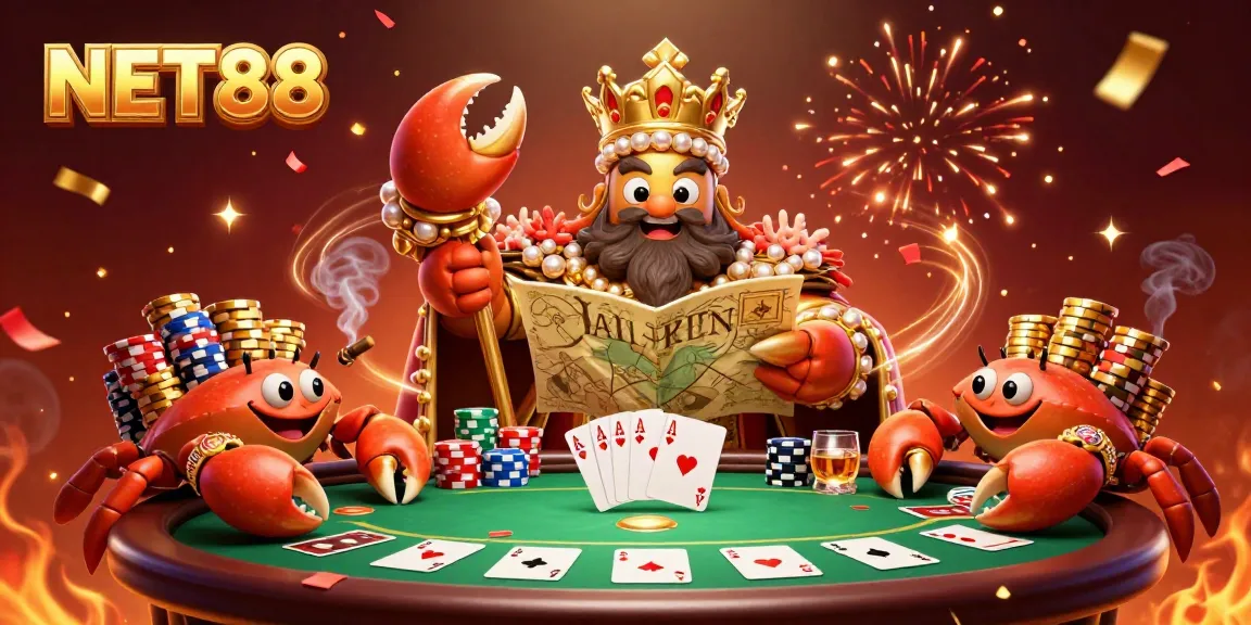 Play with excitement at NET88 featuring the golden crab emperor in a dynamic casino scene.