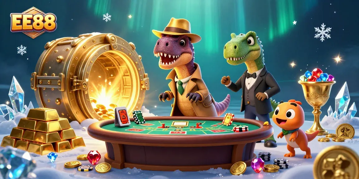 Experience thrilling gameplay at EE88 with a cartoon velociraptor card counter, blackjack, and treasure elements.