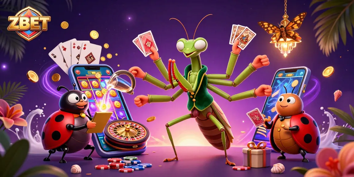 ZBET casino action featuring a cartoon mantis dealer and ladybug pit boss in a vibrant gaming scene.