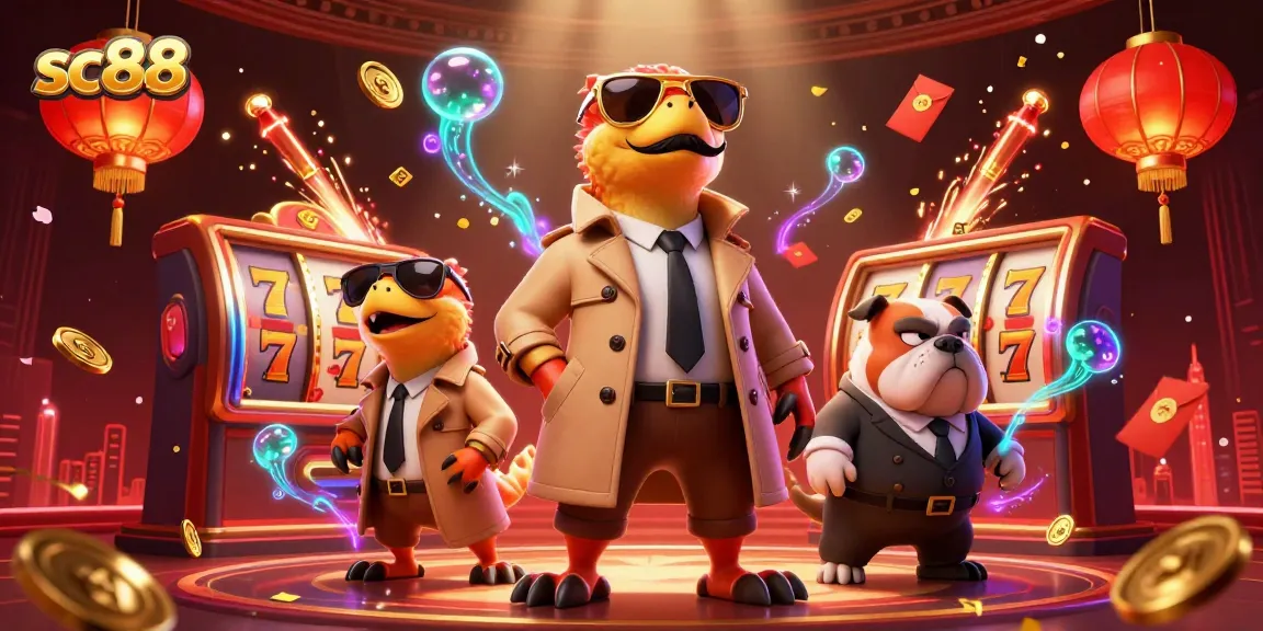 Raptors in trench coat enter VIP area at sc88 casino, surrounded by slot reels and festive decorations.