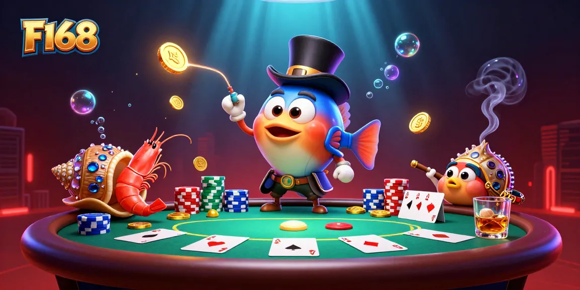 F168 draws in players with a vibrant illustration featuring an anglerfish, shrimp, and sea snail amidst a dynamic casino scene.