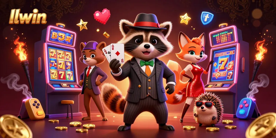 llwin raccoon dealer showing a royal flush in vibrant casino, surrounded by colorful game elements.