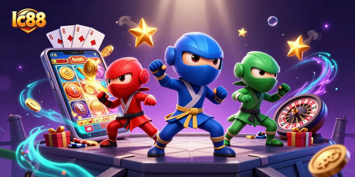 Experience ultimate thrills at lc88 with chameleon ninjas amidst vibrant gaming elements in a dynamic casino scene.