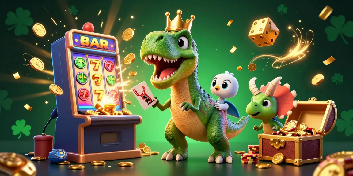 Spin jackpots with mb66 in a vibrant 3D casino scene featuring T-Rex and friends.