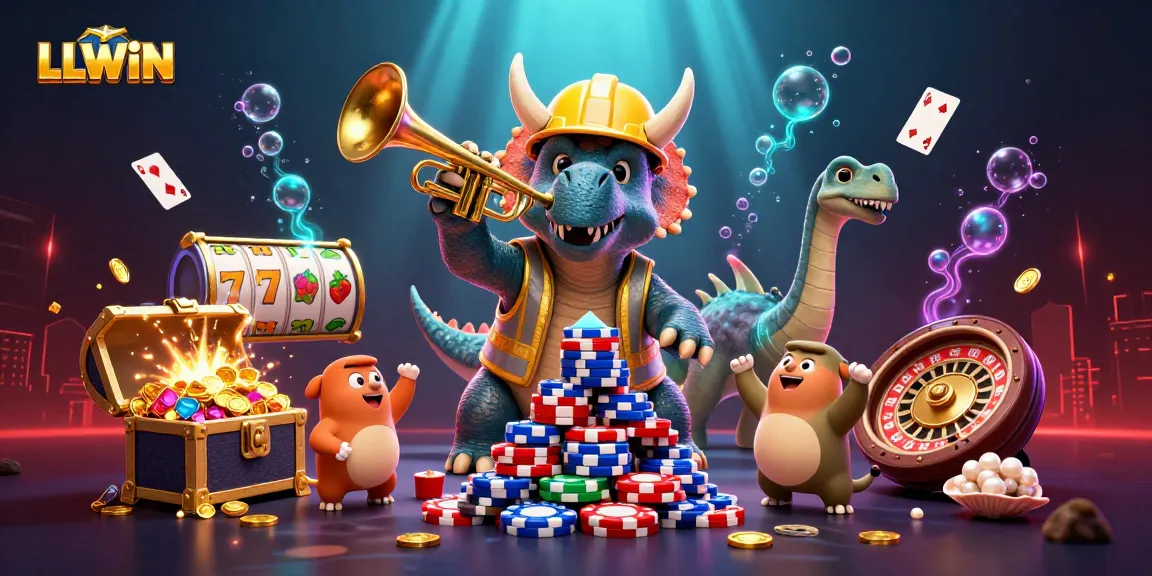 LLWIN captivates gamblers with a vibrant, ultra-detailed 3D illustrated scene of joyful dinosaurs celebrating wins with exciting gaming elements.