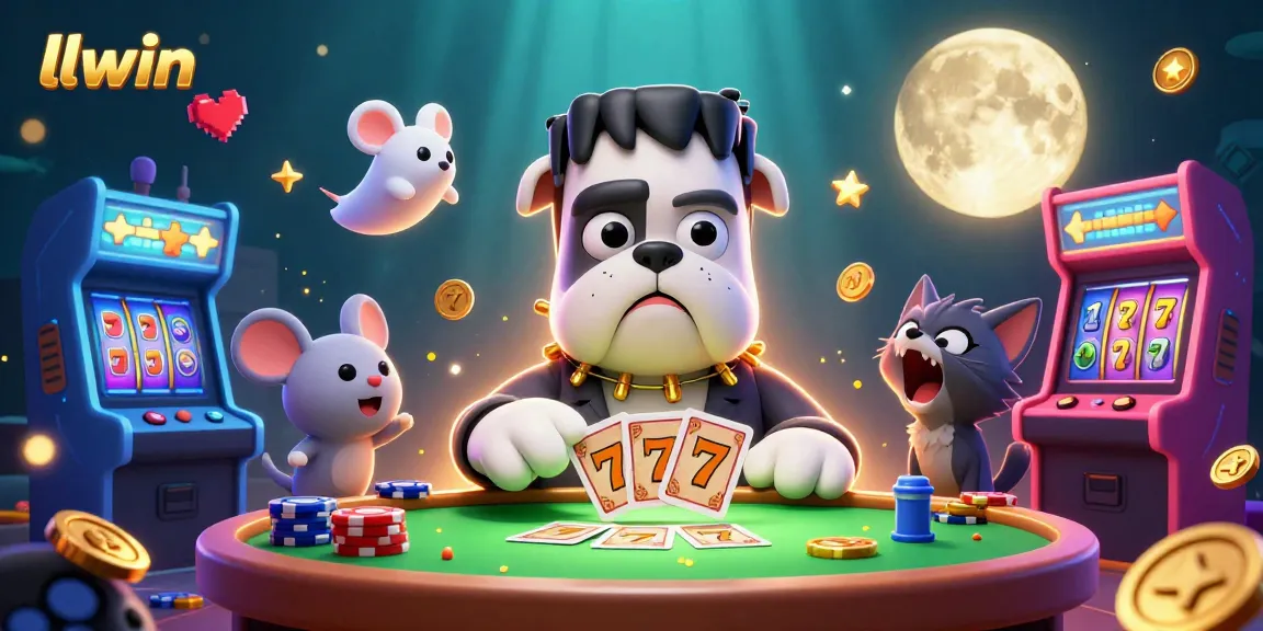 llwin's Frankenstein bulldog dealing cards at a casino table with colorful slot elements surrounding it