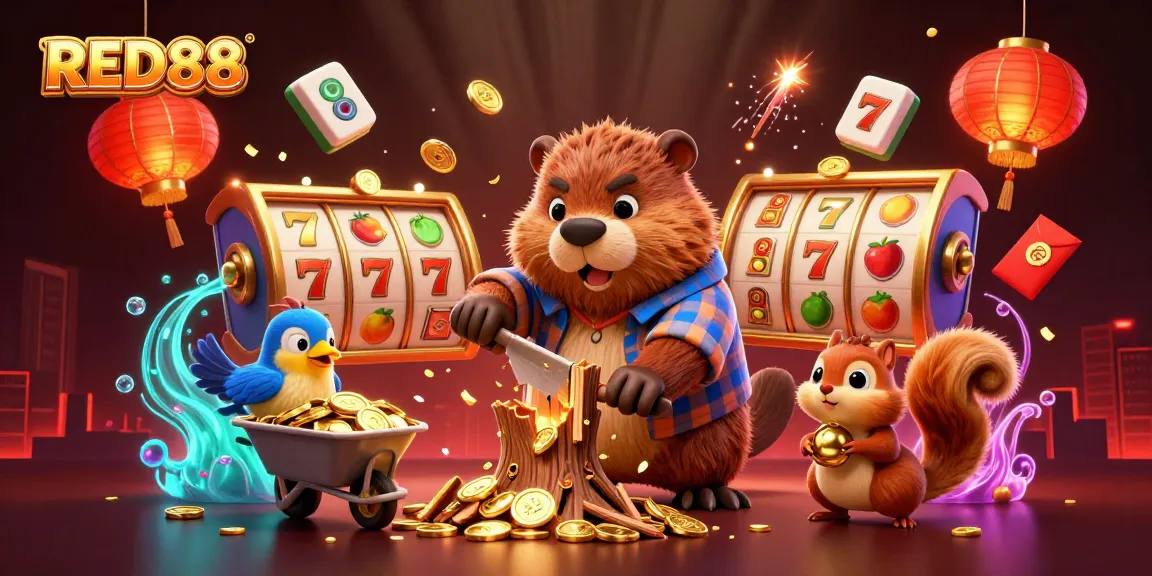 Engage with RED88 as cartoon characters revel in a dynamic casino scene with vibrant gambling elements.