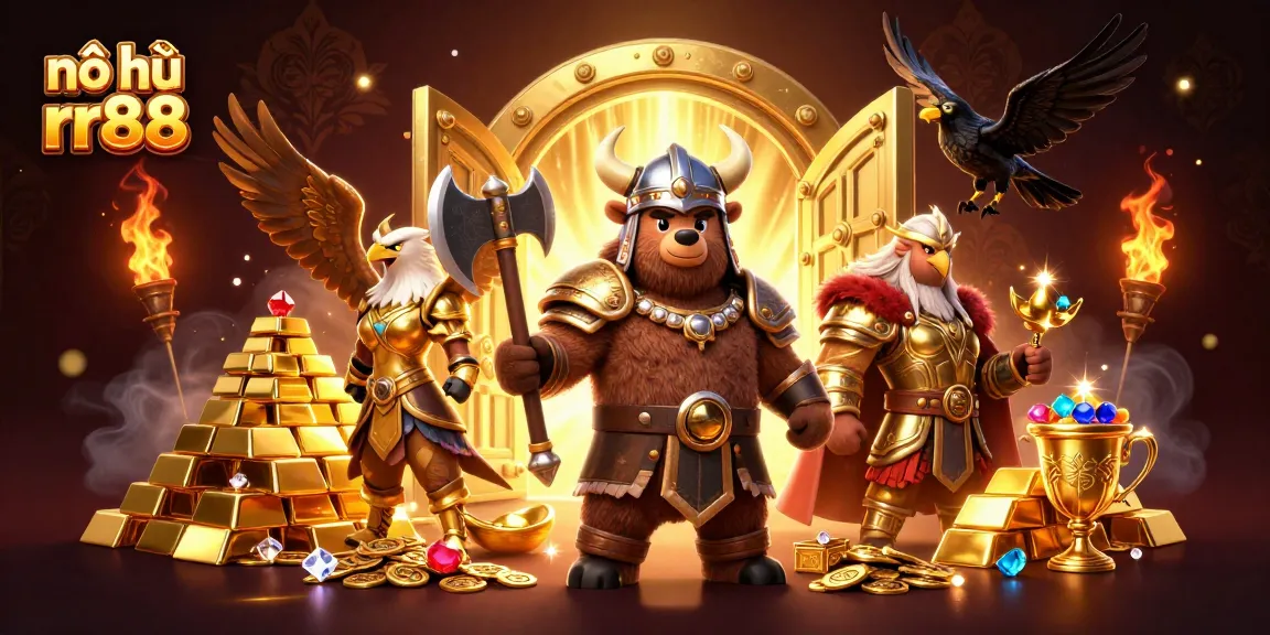 Nổ hũ rr88 reveals hidden treasures with vibrant characters and jewels among golden jackpots.