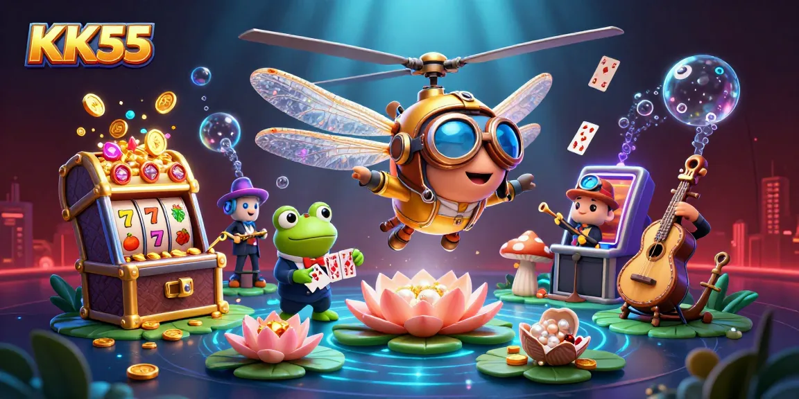 Engage in exciting slots at KK55 while a frog croupier deals cards in a lively casino scene.