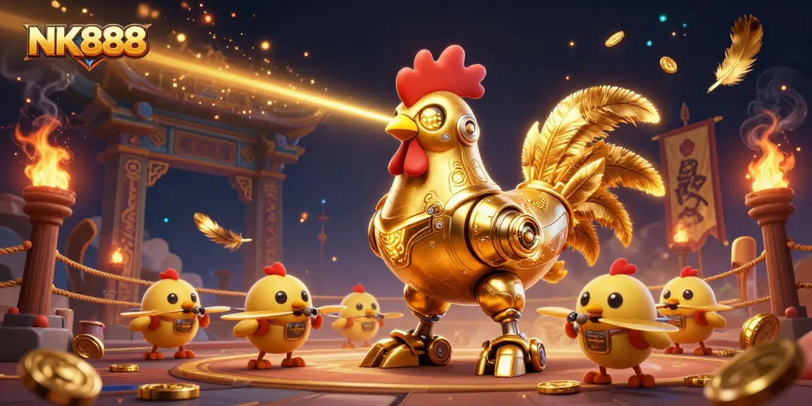 Engage in thrilling gameplay at NK888 with a futuristic golden rooster robot and dynamic gaming elements.