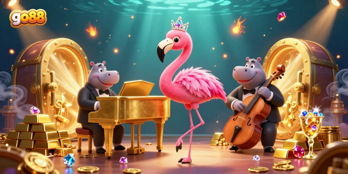 Experience the thrill of go88 with lively casino characters surrounded by treasures and lighting effects.