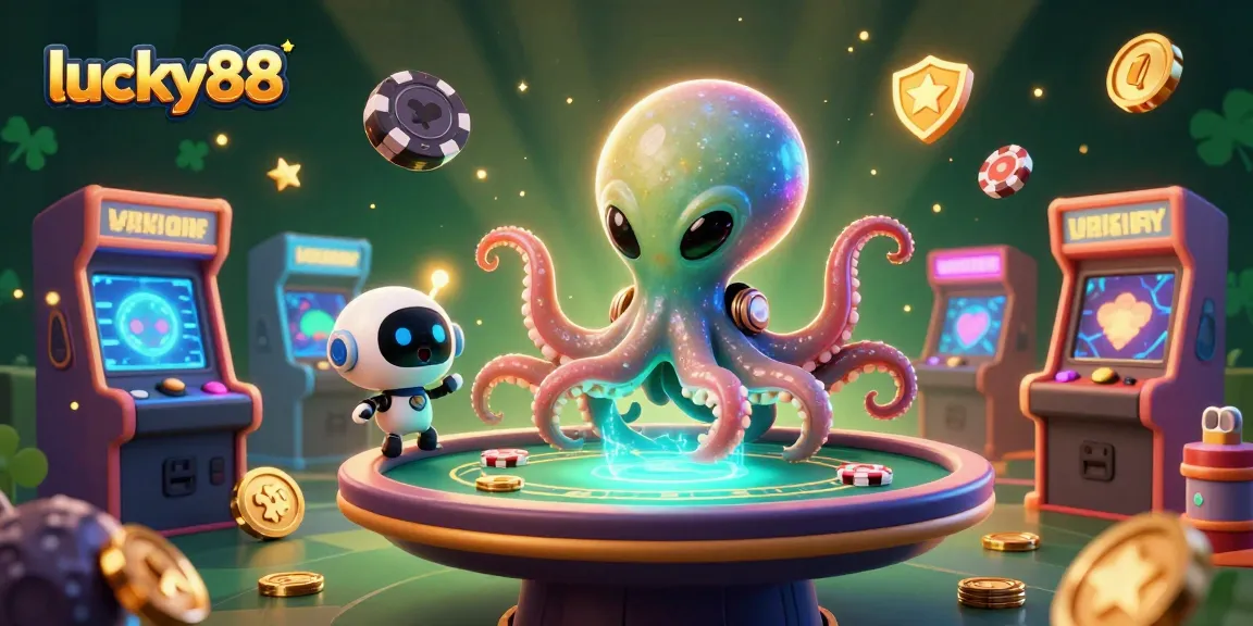 Experience lucky88 gaming with a vibrant 3D scene of an alien octopus mastering poker.