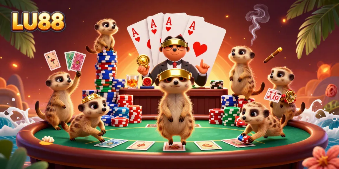 LU88 meerkats managing a vibrant casino scene with poker chips and a dynamic atmosphere.